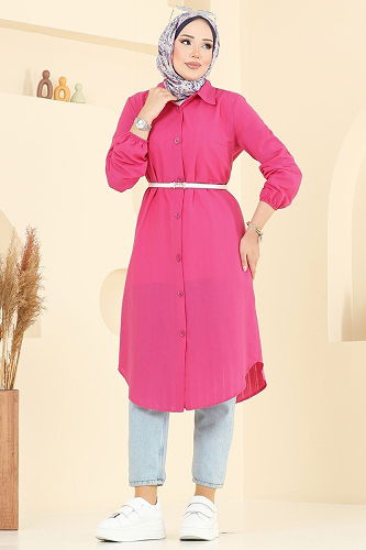 moda selvim Manşeti Lastikli Tunik 3054KTR750 Fuşya - Thumbnail