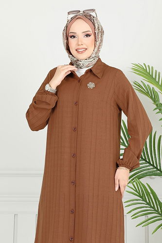 moda selvim Manşeti Lastikli Tunik 3054KTR750 Kahve - Thumbnail