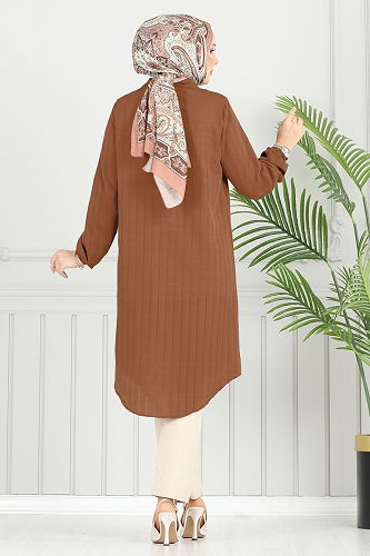 moda selvim Manşeti Lastikli Tunik 3054KTR750 Kahve - Thumbnail