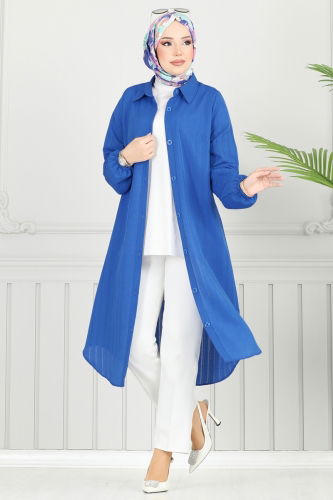 moda selvim Manşeti Lastikli Tunik 3054KTR750 Saks - Thumbnail