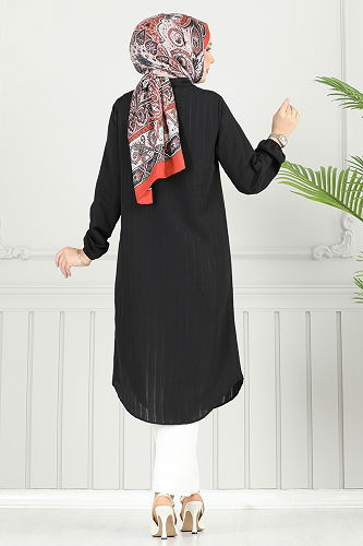 moda selvim Manşeti Lastikli Tunik 3054KTR750 Siyah - Thumbnail