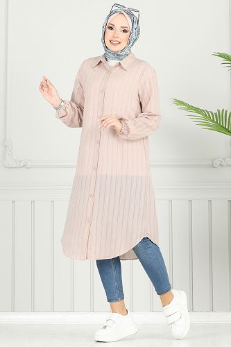 moda selvim Manşeti Lastikli Tunik 3054KTR750 Taş - Thumbnail