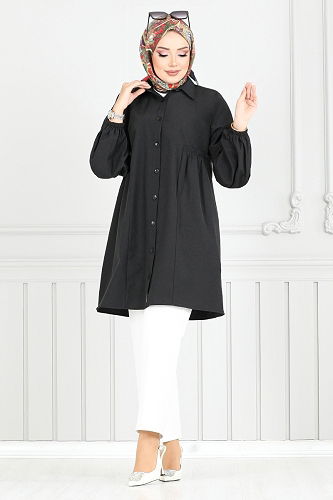 moda selvim Manşeti Lastikli Tunik 4449KTR927-M Siyah - Thumbnail
