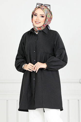 moda selvim Manşeti Lastikli Tunik 4449KTR927-M Siyah - Thumbnail