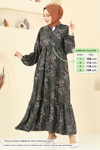 moda selvim Manşeti Lastikli Viskon Elbise 826OZN1046 Haki - Thumbnail