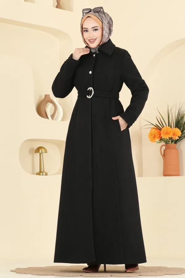 Modaselvim Pardesü / Mont Manşeti Nervürlü Kaşe Pardesü 2078OZT1013 Siyah