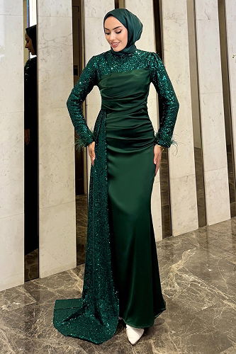 moda selvim Manşeti Otriş Detaylı Abiye 4667ALGK1170 Zümrüt - Thumbnail