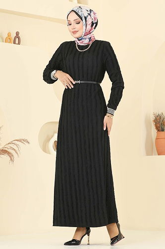 moda selvim Manşeti Ribana Detaylı Elbise 8027TRT545 Siyah - Thumbnail
