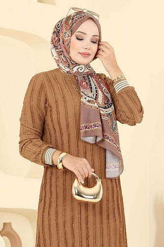 moda selvim Manşeti Ribana Detaylı Elbise 8027TRT545 Taba - Thumbnail