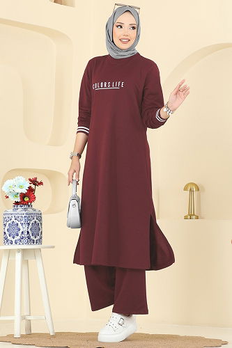 moda selvim Manşeti Ribana Detaylı Takım 4122PM271 Açık Bordo - Thumbnail