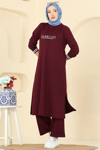 moda selvim Manşeti Ribana Detaylı Takım 4122PM271 Bordo - Thumbnail