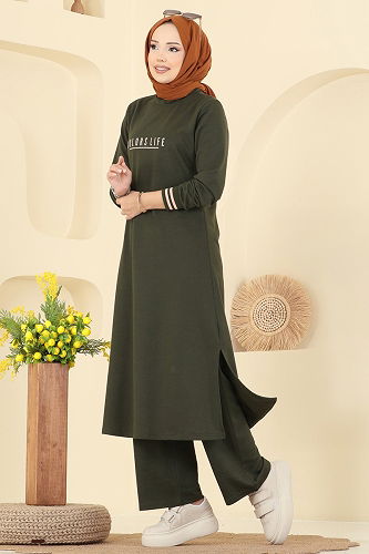 moda selvim Manşeti Ribana Detaylı Takım 4122PM271 Haki - Thumbnail