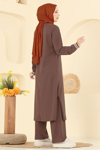 moda selvim Manşeti Ribana Detaylı Takım 4122PM271 Kahve - Thumbnail
