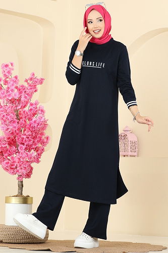 moda selvim Manşeti Ribana Detaylı Takım 4122PM271 Koyu Laci - Thumbnail