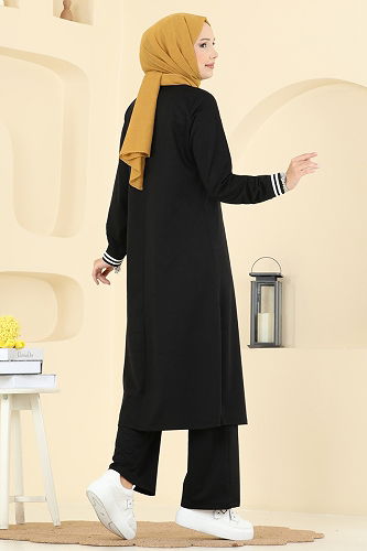 moda selvim Manşeti Ribana Detaylı Takım 4122PM271 Siyah - Thumbnail