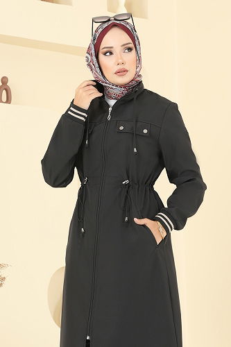 moda selvim Manşeti Ribana Detaylı Trençkot 2514MSA980 Siyah - Thumbnail