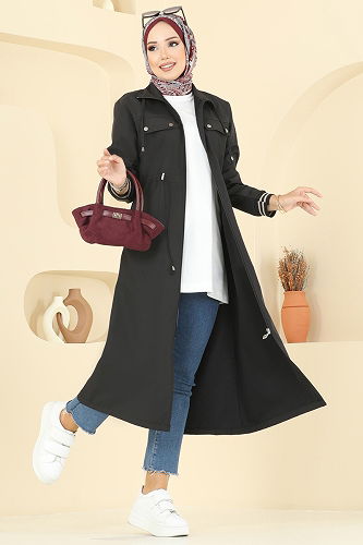 moda selvim Manşeti Ribana Detaylı Trençkot 2514MSA980 Siyah - Thumbnail
