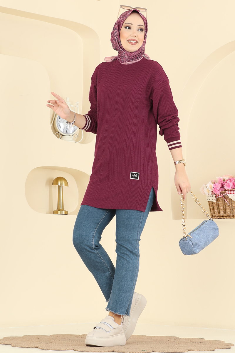 Manşeti Ribana Detaylı Tunik 709PM271 Bordo