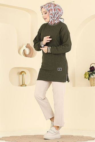 moda selvim Manşeti Ribana Detaylı Tunik 709PM271 Haki - Thumbnail