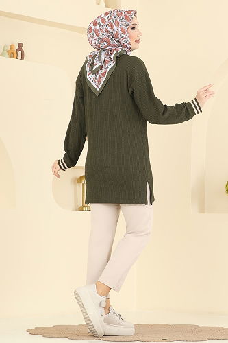 moda selvim Manşeti Ribana Detaylı Tunik 709PM271 Haki - Thumbnail