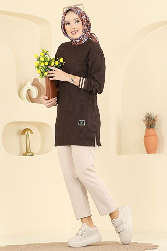 moda selvim Manşeti Ribana Detaylı Tunik 709PM271 Kahve - Thumbnail