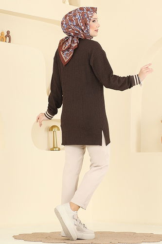 moda selvim Manşeti Ribana Detaylı Tunik 709PM271 Kahve - Thumbnail
