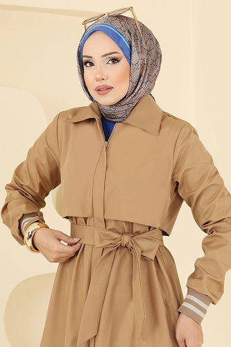 moda selvim Manşeti Ribanalı Bondit Trençkot 2732SL432 Camel - Thumbnail