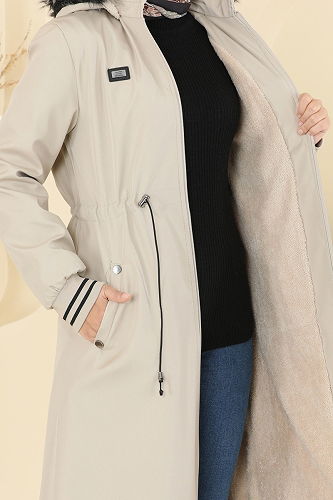 moda selvim Manşeti Ribanalı Kürklü Kaban 2817MSA980 Taş - Thumbnail