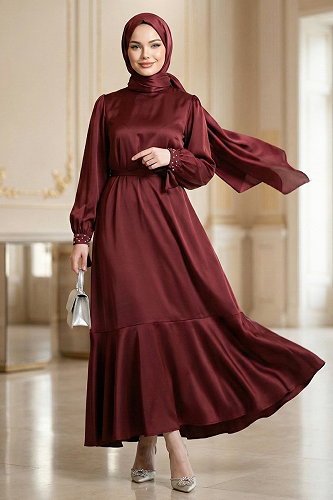 moda selvim Manşeti Taşlı Saten Elbise 2789AYD969-M Bordo - Thumbnail
