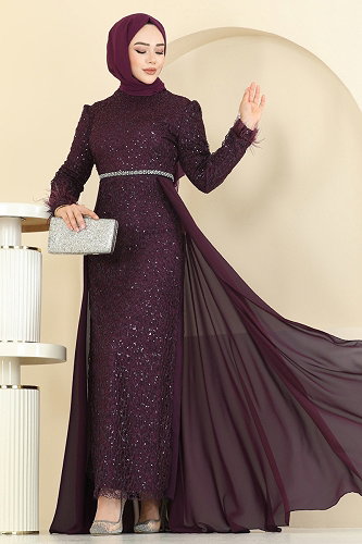 moda selvim Manşeti Tüy Detaylı Şifon Abiye 2830ELC1143 Mürdüm - Thumbnail