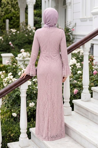moda selvim Manşeti Volanlı Dantel Abiye 5662DMNK1166 Pudra - Thumbnail