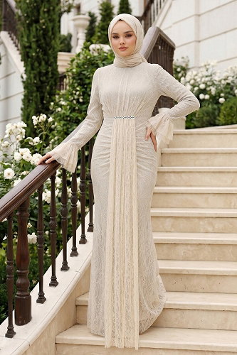 moda selvim Manşeti Volanlı Dantel Abiye 5662DMNK1166 Taş - Thumbnail