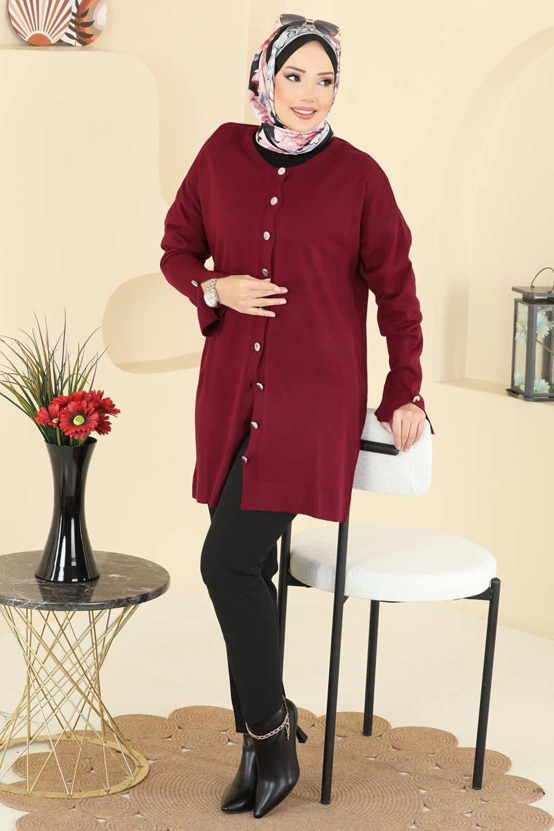Manşeti Yırtmaçlı Triko Hırka 2437UZ662 Bordo