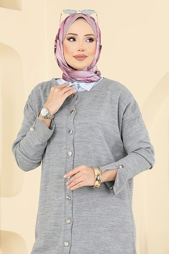 moda selvim Manşeti Yırtmaçlı Triko Hırka 2437UZ662 Gri - Thumbnail