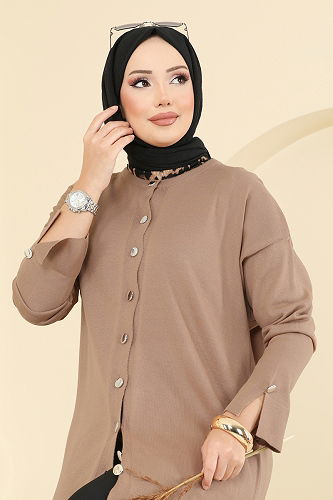 moda selvim Manşeti Yırtmaçlı Triko Hırka 2437UZ662 Latte - Thumbnail