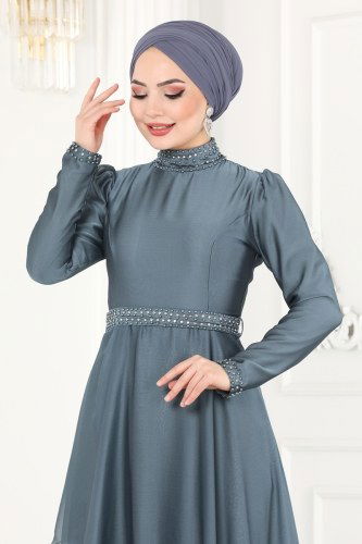 moda selvim İnci İşlemeli Janjan Abiye 2222PN204 Gri - Thumbnail