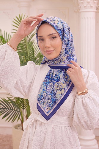 moda selvim Mercan Desen Soft Eşarp 518ERBK1201 Mavi - Thumbnail