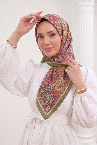 moda selvim Mercan Desen Soft Eşarp 518ERBK1201 Sarı&Küf Yeşili - Thumbnail