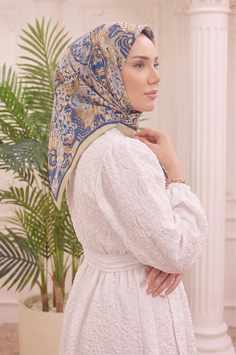 moda selvim Mercan Desen Soft Eşarp 518ERBK1201 Sarı&Mavi - Thumbnail
