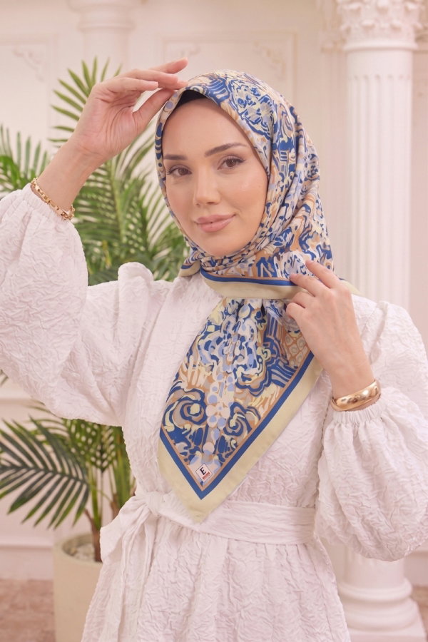 Modaselvim Eşarp Mercan Desen Soft Eşarp 518ERBK1201 Sarı&Mavi