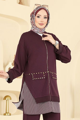 moda selvim Metal Aksesuarlı Spor Takım 14410SBL832 Mürdüm - Thumbnail