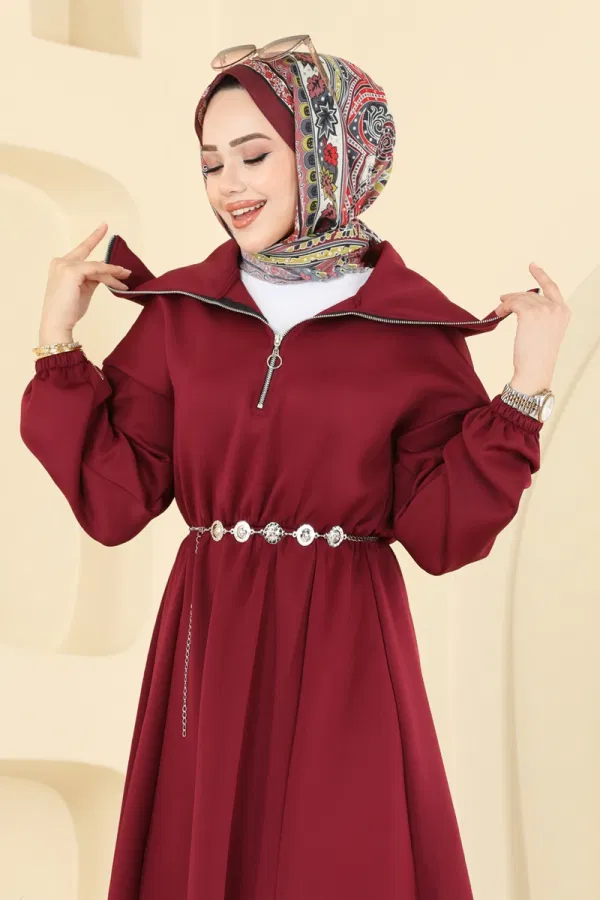 Modaselvim Elbise Metal Kemerli Scuba Elbise 8008TEG847 Bordo