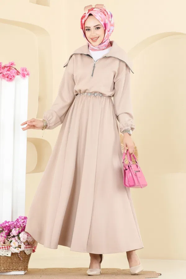 Modaselvim Elbise Metal Kemerli Scuba Elbise 8008TEG847 Taş