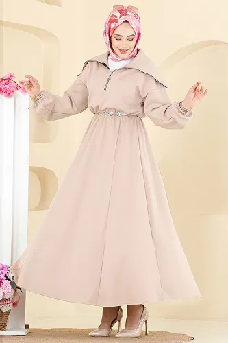 moda selvim Metal Kemerli Scuba Elbise 8008TEG847 Taş - Thumbnail