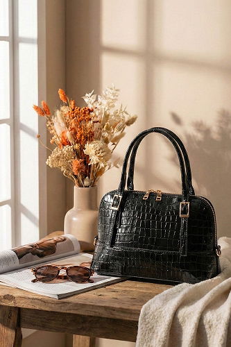 moda selvim Minimal Suni Deri Kadın Çantası 109MERK1193 Siyah - Thumbnail