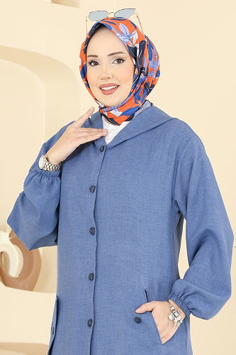 moda selvim Modern Düğmeli Uzun Kap 3082KTR750 İndigo - Thumbnail