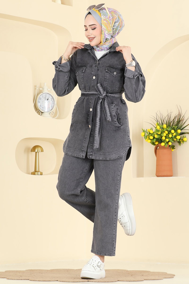 Modern Kuşaklı Kot Takım 2401ORG1169 Siyah Kot