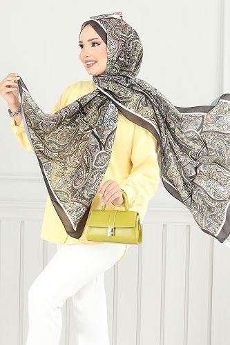 moda selvim Monogram Desen Soft Şal Serisi 708ART1138 Haki - Thumbnail