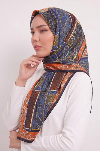 moda selvim Motif Desen Eşarp Serisi 188AFV475 Oranj&Siyah - Thumbnail