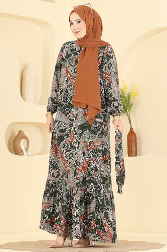 moda selvim Motif Desen Viskon Elbise 030MR1078 Haki - Thumbnail